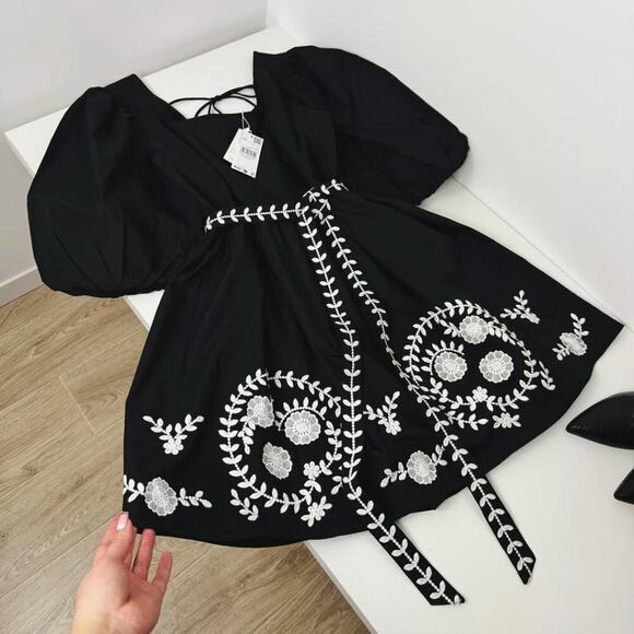 🖤 MANGO Puff Sleeve Mini Dress NWT | Embroidered Cotton Bow Back 6 - Picture 12 of 14